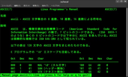 manコマンドによる「ASCII ⇔ 8進数、10進数、16進数の変換表」