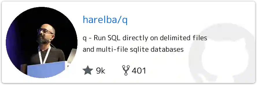 harelba/q の GitHub リポジトリカード（star 9k・fork 401）